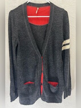 Free People Charcoal gray/red Cardigan, Ivory varsity stripe, women’s size M.